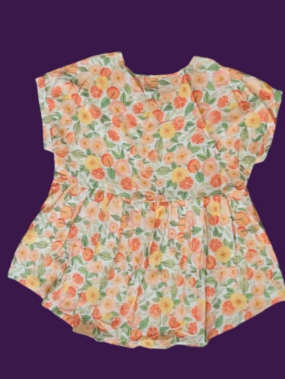 Bloomchic Fruit Print Blouse, Cuffed Short Sleeves, Colorful, Size 14-16 Top